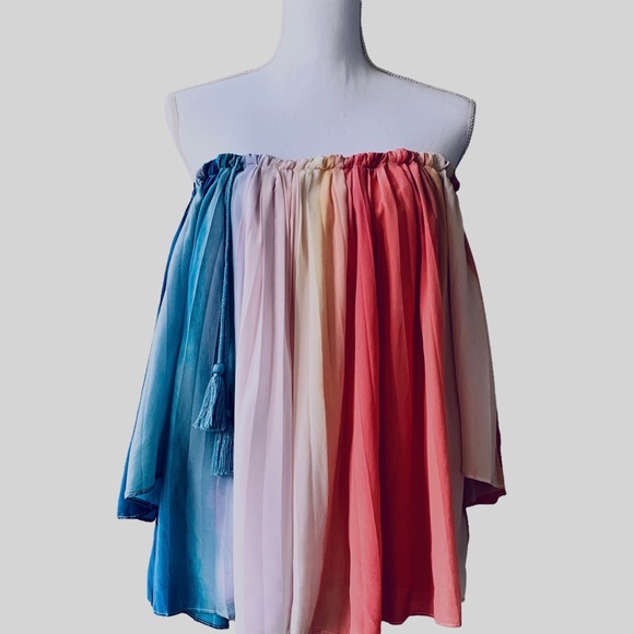 ECRU RAINBOW SILK TUNIC TOP WITH TUSSLES - Picture 2 of 16